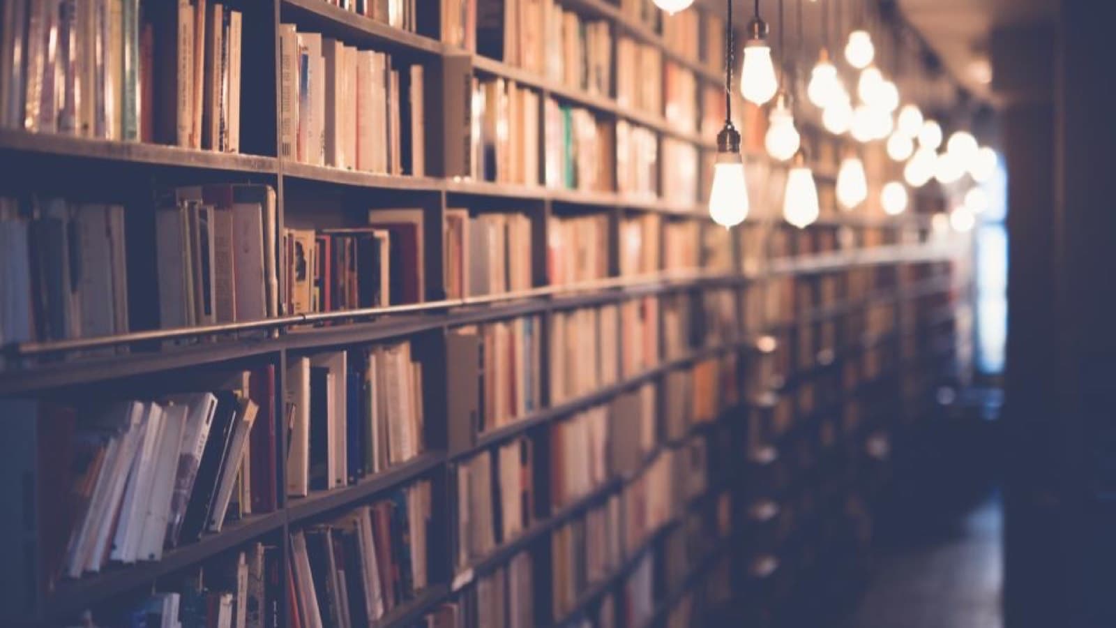 A library aisle lined with books under a row of hanging light bulbs