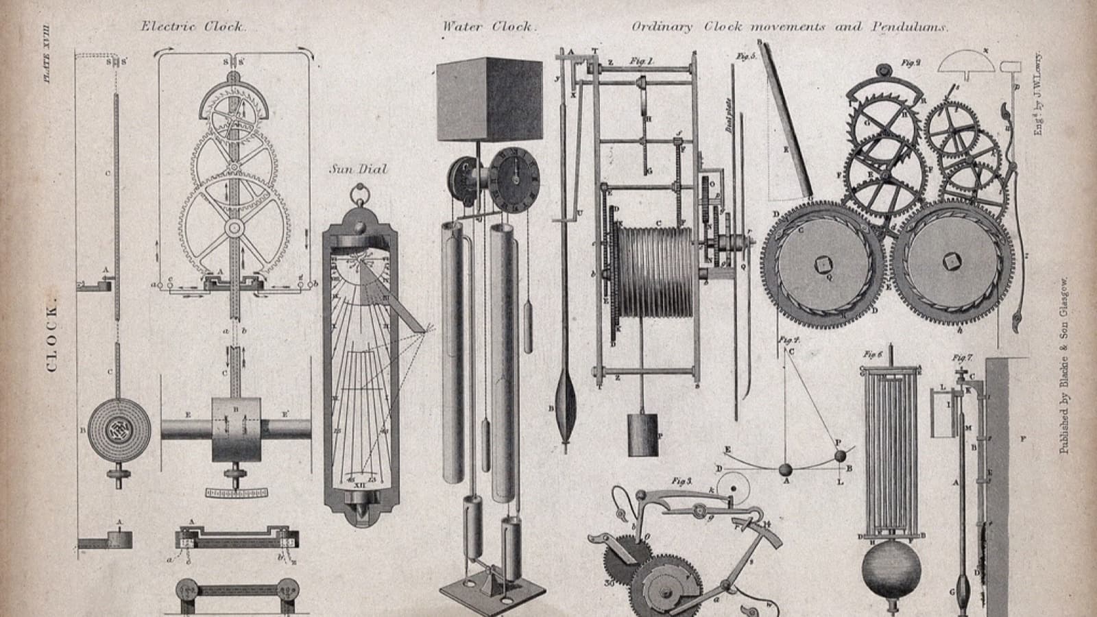 An antique engraved plate of clock movements, gears, and pendulums