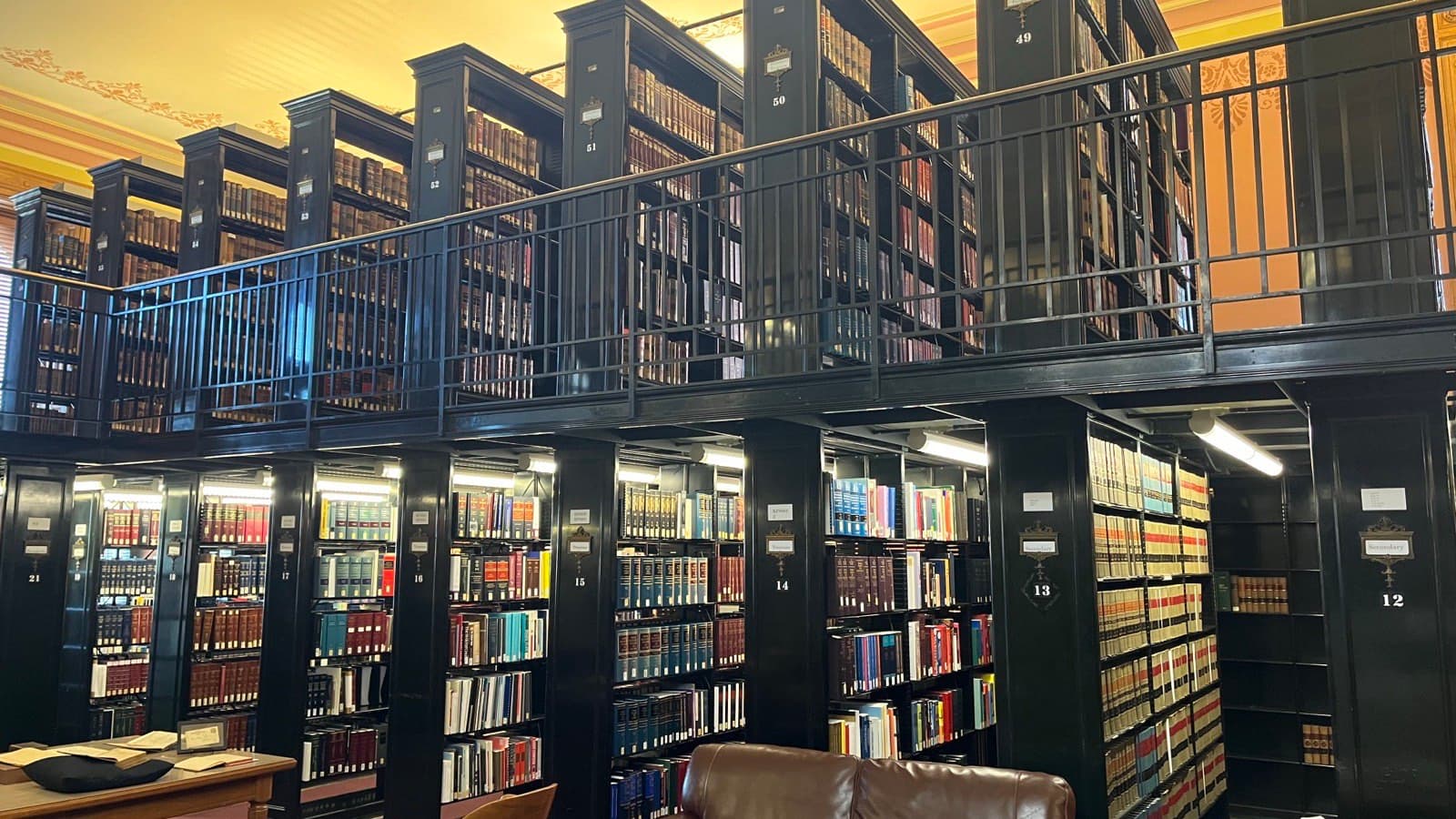 Rows of bound volumes on wooden law library shelves