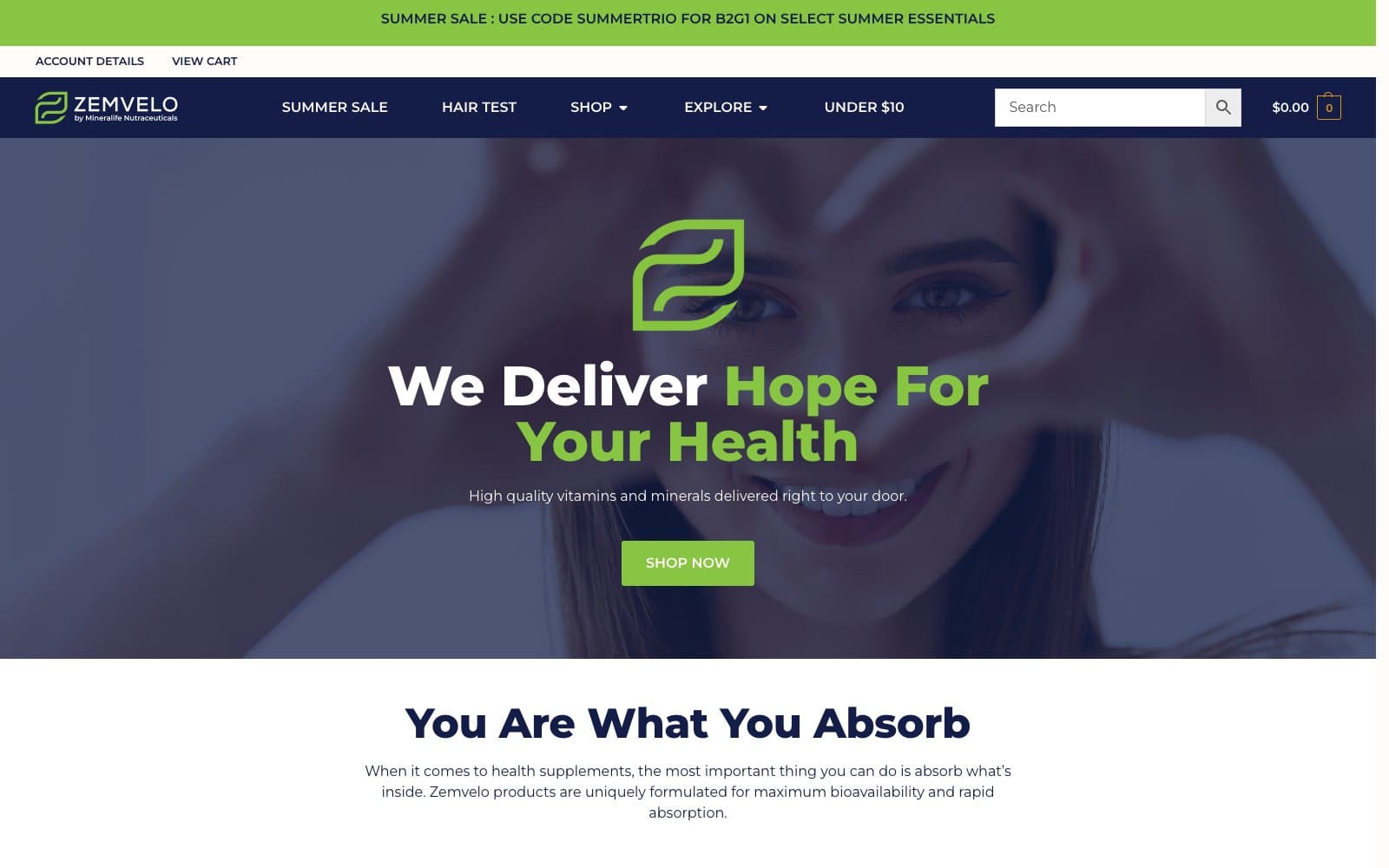Zemvelo's storefront homepage — a WooCommerce shop with sale bar, cart, and vitamins hero