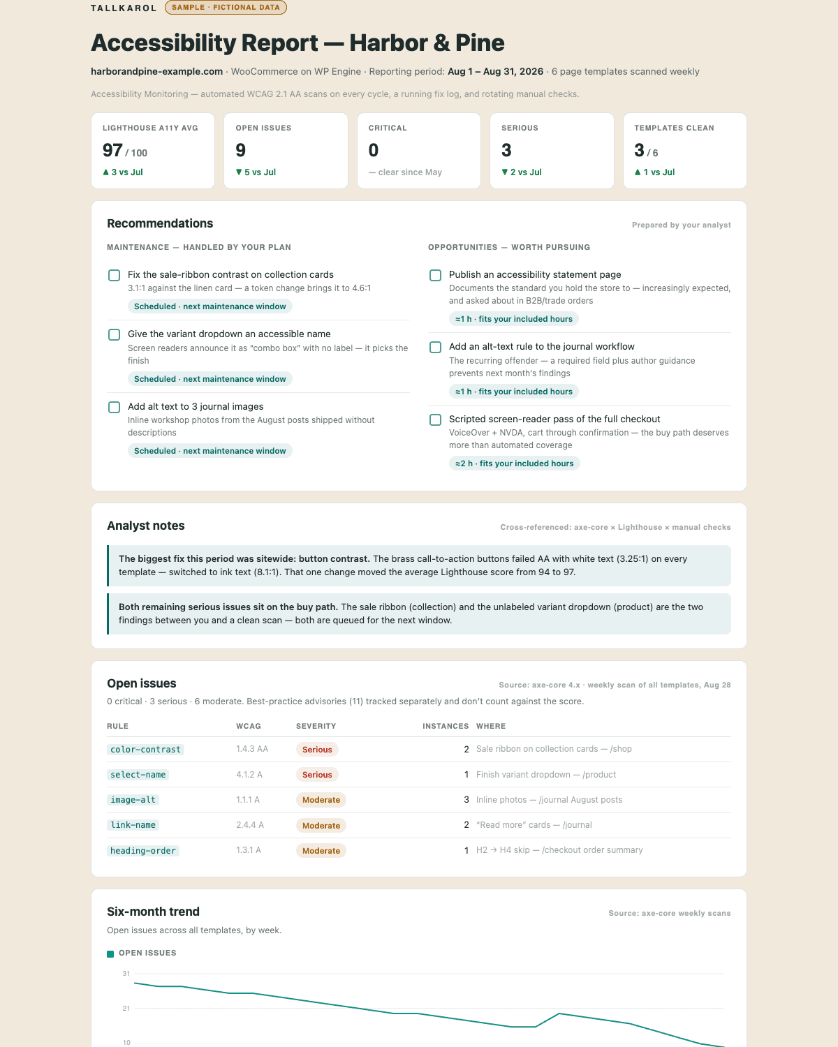 The accessibility report: issue counts by severity, a recommendations checklist, and open issues by rule