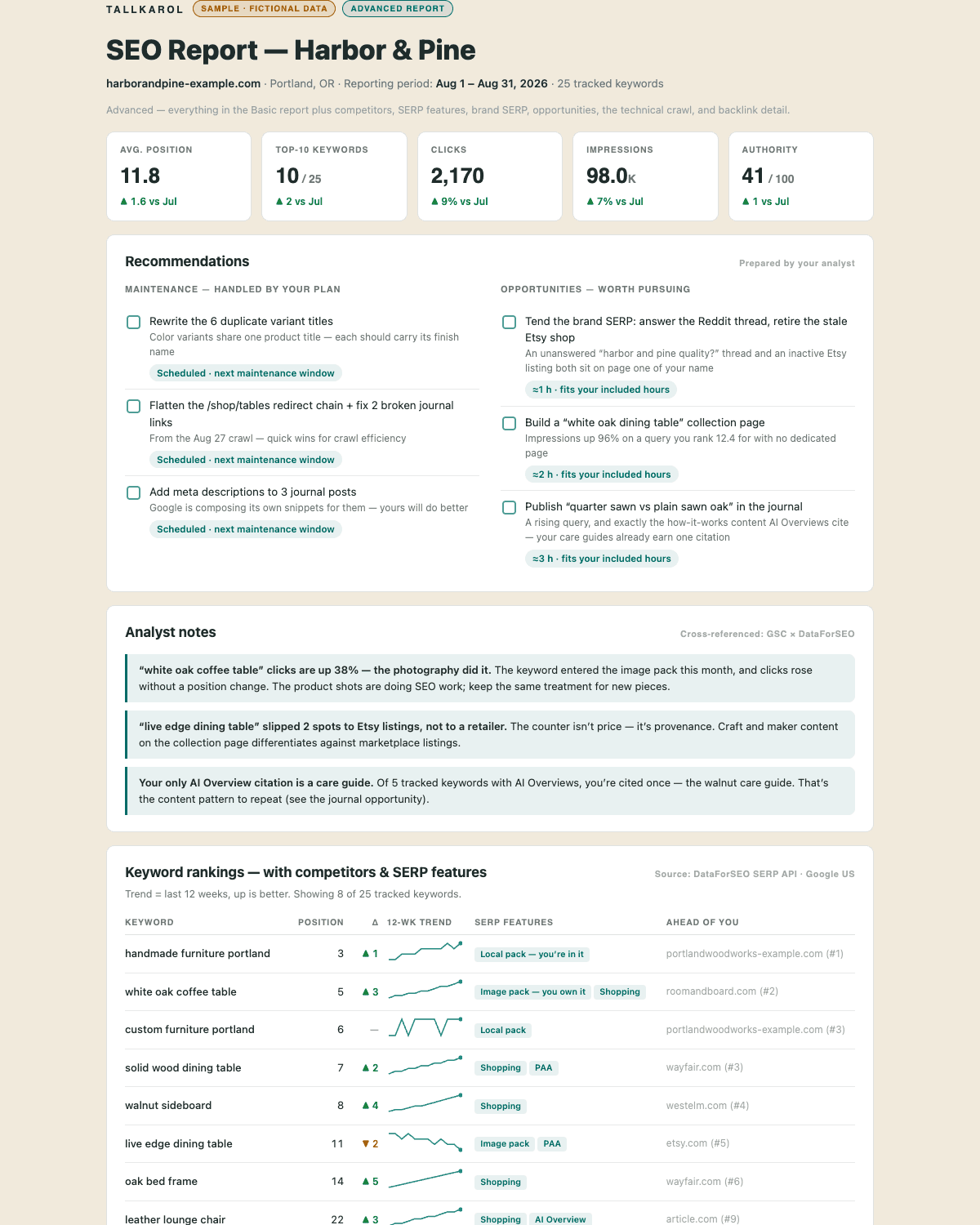 The Advanced SEO report: headline figures, a recommendations checklist, and cross-referenced analyst notes