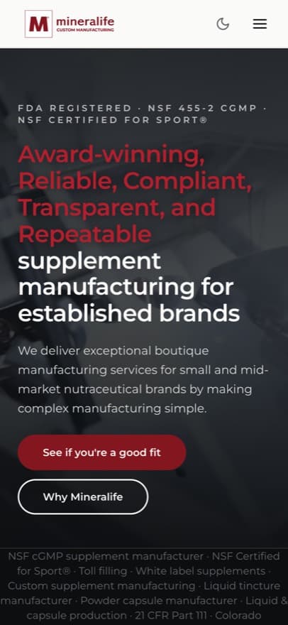 The Mineralife homepage on a phone, with the certification line and hero headline stacked for mobile