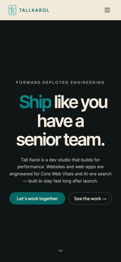 The Tall Karol homepage on a phone, with the hero headline and calls to action stacked