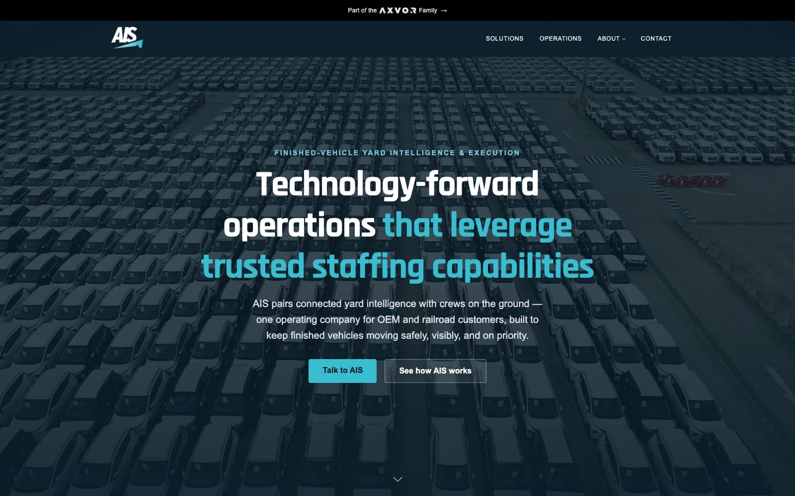 The Auto Intelligence Solutions homepage, with a headline about technology-forward operations over an aerial photo of a finished-vehicle yard