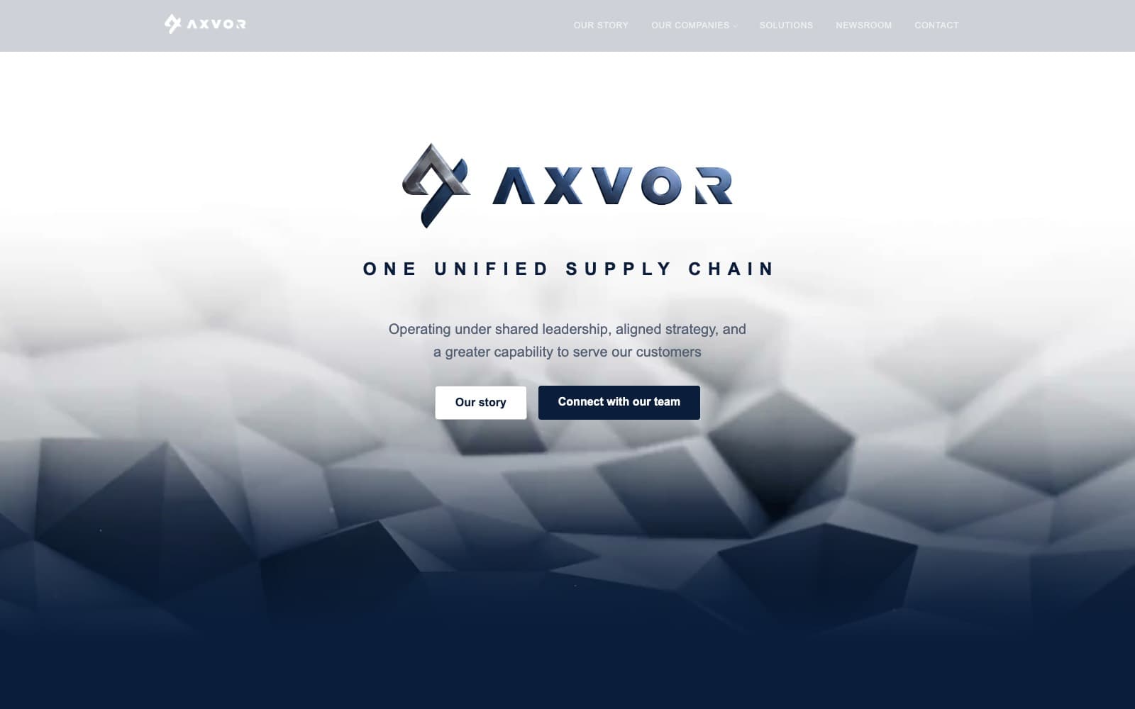 The AXVOR homepage, with the metallic AXVOR logo and the headline 'One unified supply chain' over an abstract geometric background