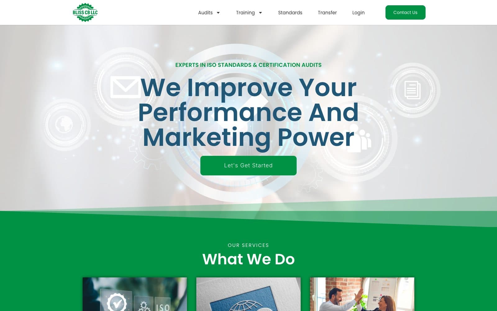 The Bliss CB homepage, with the headline 'We Improve Your Performance And Marketing Power' above a green services band