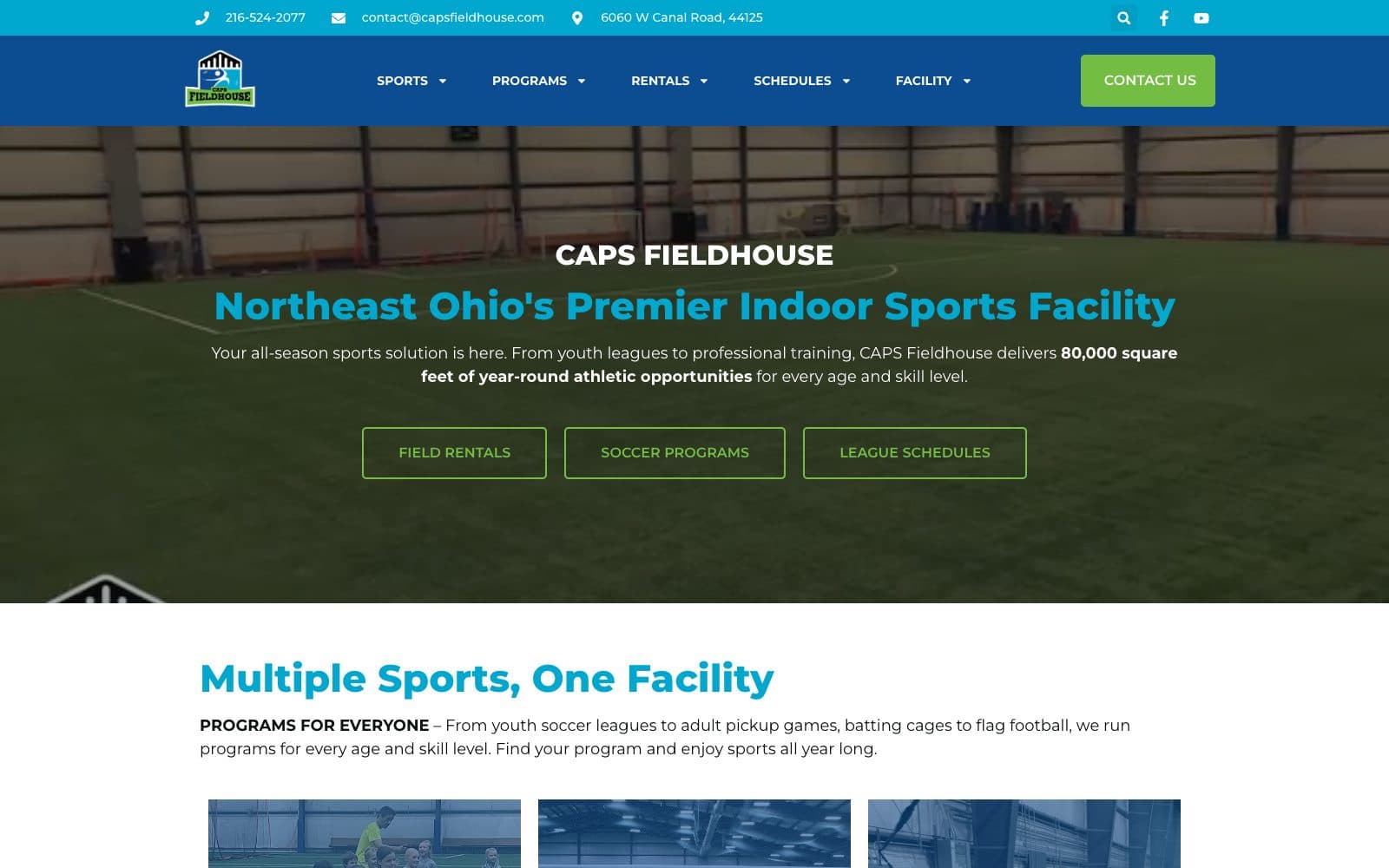 The Caps Fieldhouse homepage, with the headline 'Northeast Ohio's Premier Indoor Sports Facility' over a photograph of the indoor turf field