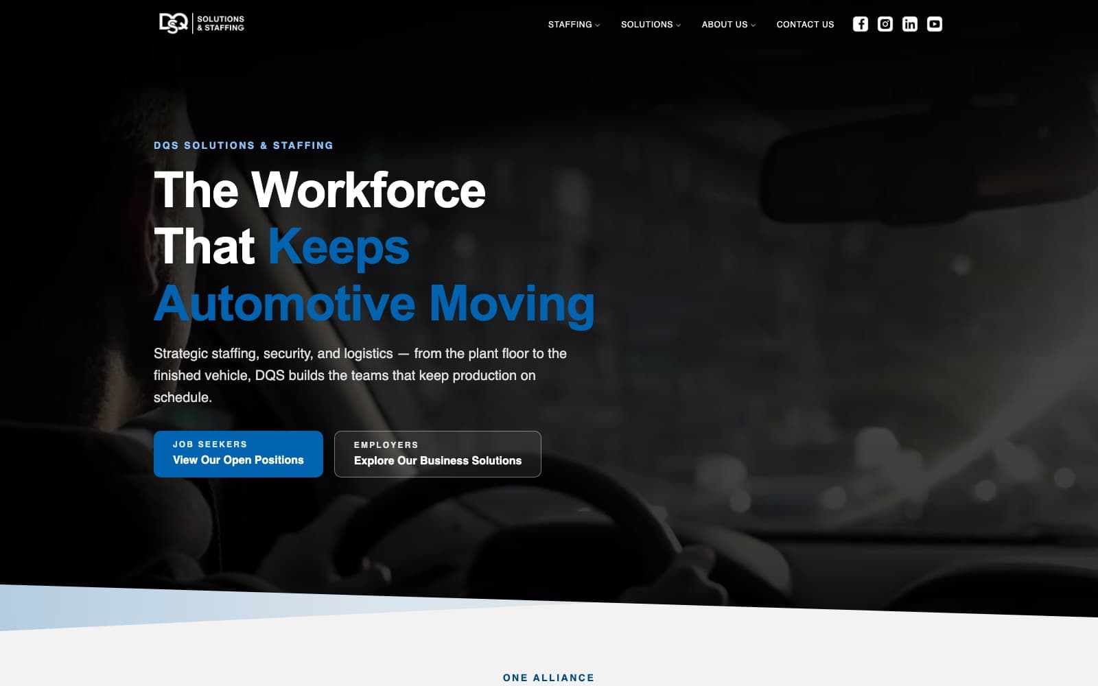 The DQS Solutions & Staffing homepage, with the headline 'The workforce that keeps automotive moving' over a photo of a driver at the wheel