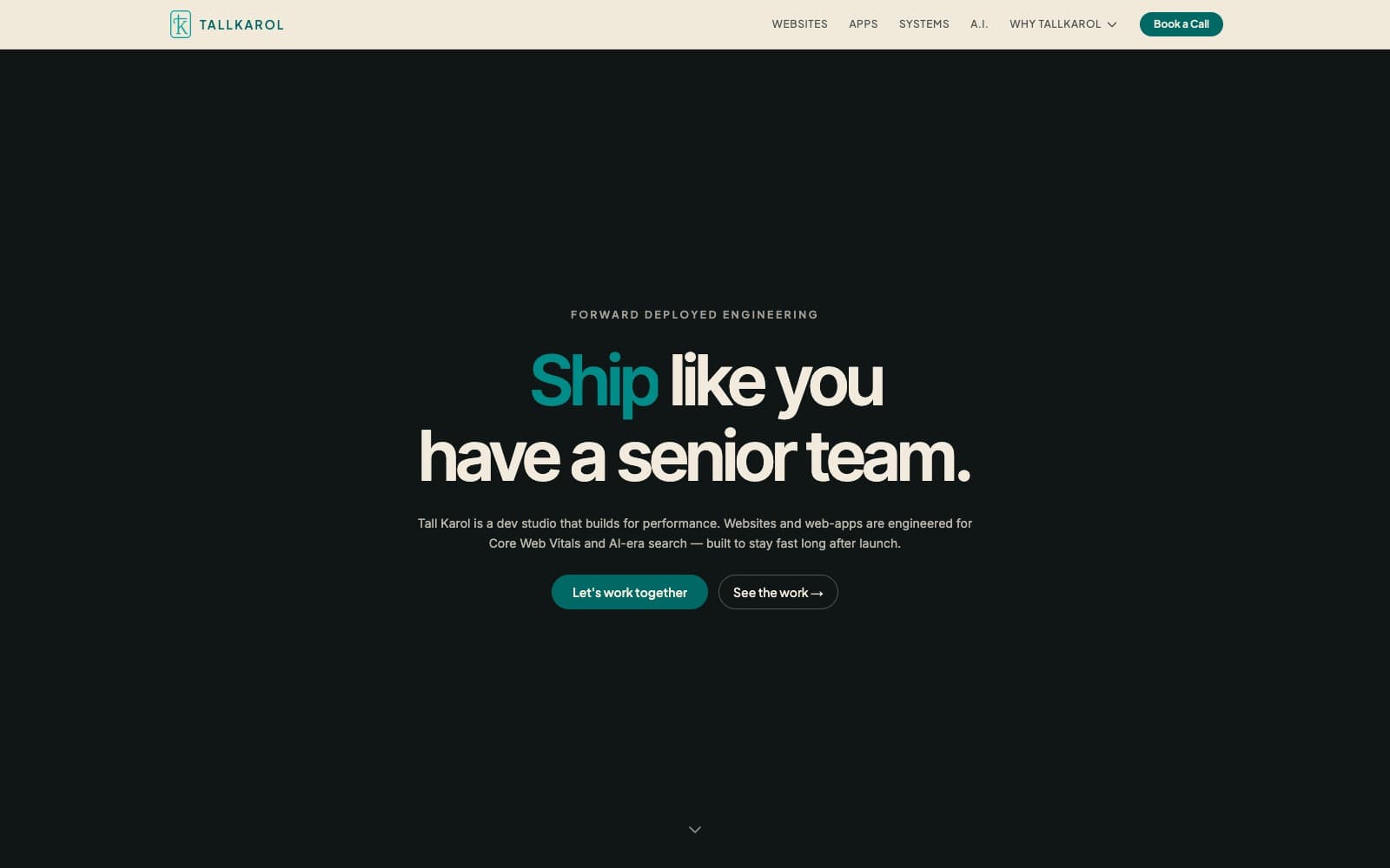The Tall Karol homepage, showing the dark hero and headline over the linen page